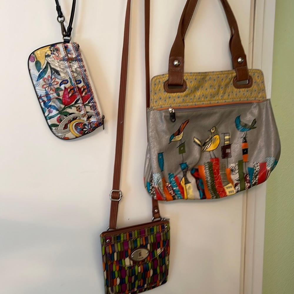 3 Oil cloth Purses (2 Fossil, 1 no brand)